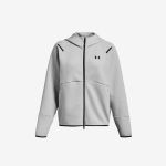 Hellgrauer Kapuzenpullover mit Reißverschluss, schwarzer Paspelierung und dem Under Armour-Logo auf der Brust, dargestellt vor einem schlichten weißen Hintergrund.