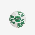 Ein weiß-grüner Fußball mit dem Markennamen „JAKO“ auf dem Mittelteil, isoliert vor einem einfarbigen weißen Hintergrund.