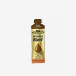 Ein gold- und braunfarbenes Tütchen mit der Aufschrift „peeroton HYDRO Gel Cola Lemon“, einer Wassertropfen-Grafik und einem Text, der darauf hinweist, dass es sich um ein Energiegel für den Sport handelt.