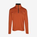 Langärmeliger Pullover in gebranntem Orange mit Viertelreißverschluss, hohem Kragen und einem kleinen Logo auf der linken Brust, präsentiert vor einem schlichten weißen Hintergrund.