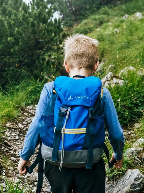 Ein Kind mit einem blauen Rucksack wandert einen felsigen, grasbewachsenen Bergpfad hinauf, umgeben von grünen Sträuchern und Bäumen.