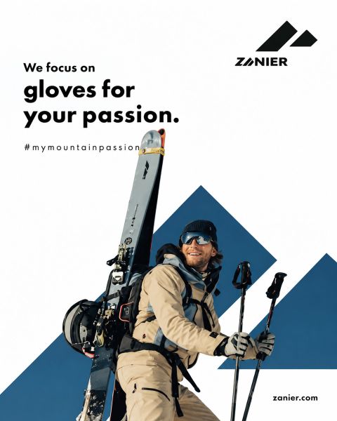 Ein Skifahrer in Winterausrüstung fährt auf einem Berghang durch den Schnee. Der fettgedruckte Text lautet: "Wir konzentrieren uns auf Handschuhe für Ihre Leidenschaft". Das Zanier-Logo und die Website sind ebenfalls zu sehen. Der Hashtag #mymountainpassion ist enthalten.