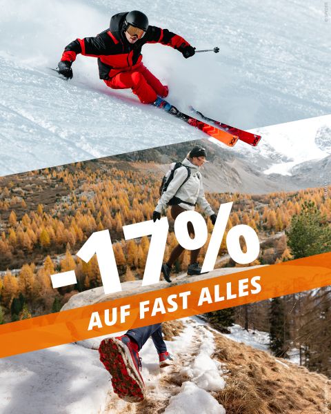 Ein Skifahrer, der einen verschneiten Hang hinuntercarvt, während oberhalb von ihm ein Wanderer auf einem Bergpfad unterwegs ist; über dem Bild ist ein Text eingeblendet, der für einen Rabatt von 17 % auf fast alle Artikel wirbt.