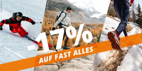 Drei Außenaufnahmen, die einen Skifahrer, einen Wanderer und eine Person zeigen, die auf einem verschneiten Weg geht, überlagert mit dem Text „-17 % AUF FAST ALLES“.