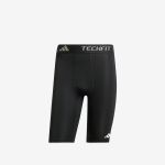 Schwarze Adidas Techfit-Kompressionsshorts mit elastischem Bund und Markenlogo.