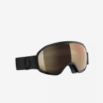 Schwarze Skibrille mit bronzefarbenen, verspiegelten Gläsern und einem Kopfband mit Markenlogo.
