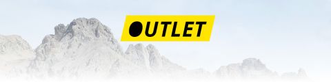 Das Wort „OUTLET“ in schwarzer Schrift auf einem gelben rechteckigen Hintergrund, vor dem sich schneebedeckte Berggipfel abzeichnen.