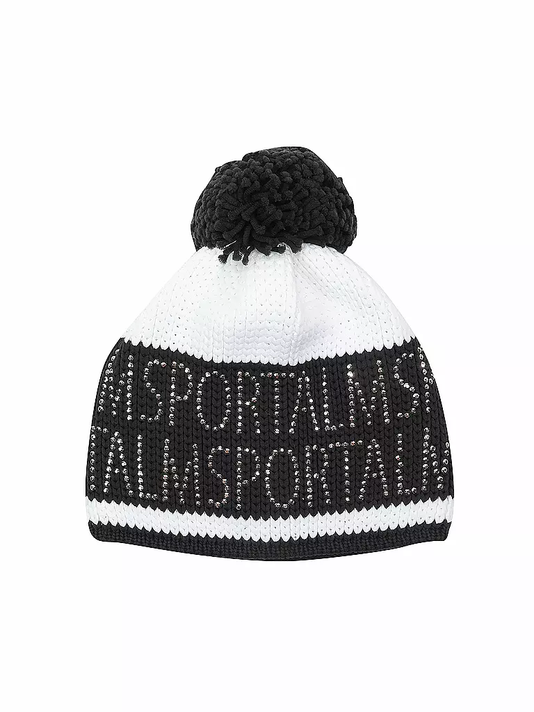 SPORTALM | Damen  Grobstrickmütze mit Schriftzug Motiv aus Strasssteinchen | weiss